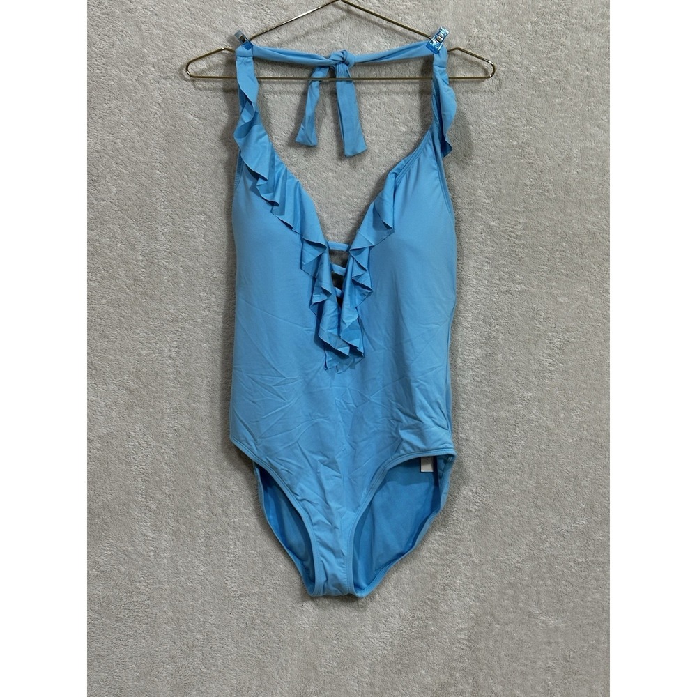 NWT Bleu Rod Beattie Women's Size 14 One Piece Swimsuit Plunge Ruffle Blue